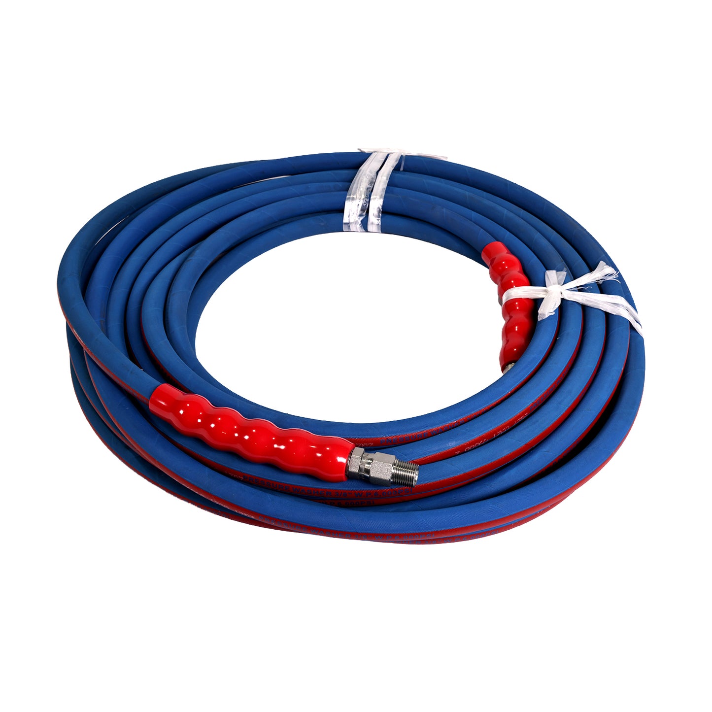 3/8'' X 50FT BLUE WRAPPED PRESSURE WASHER HOSE 2SN 6000PSI WITH MNPT X MNPT SWIVEL, RED BEND