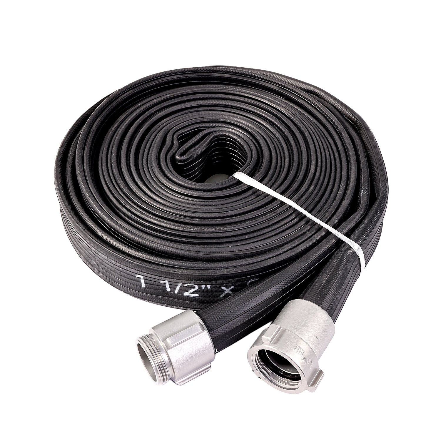1 1/2” X 50’ BLACK NITRILE/PVC RUBBER COVERED HOSE WITH ALU. COUPLING NST 200PSI