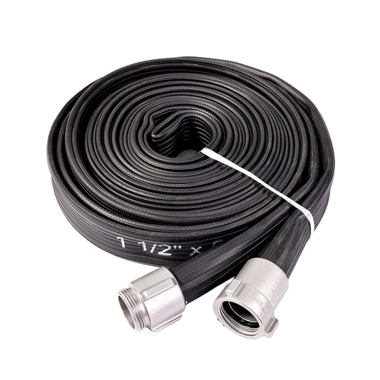 1 1/2” X 50’ BLACK NITRILE/PVC RUBBER COVERED HOSE WITH ALU. COUPLING NST 200PSI