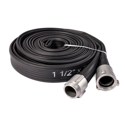 1 1/2” X 50’ BLACK NITRILE/PVC RUBBER COVERED HOSE WITH ALU. COUPLING NST 200PSI