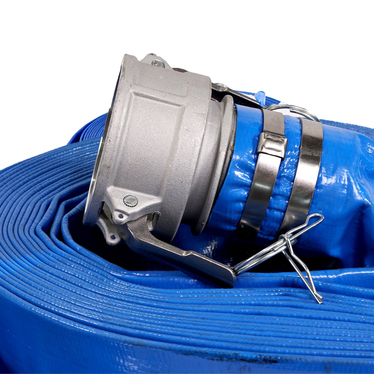 2" X 50' BLUE PVC LAYFLAT HOSE WITH CAMLOCK+CPF CLAMP (85PSI)