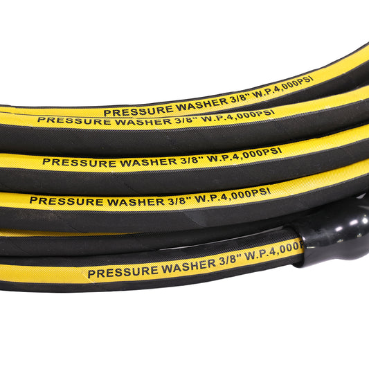 3/8'' X 100FT BLACK WRAPPED COVER PRESSURE WASHER HOSE 1SN  4000PSI WITH MNPT X MNPT SWIVEL, BLACK