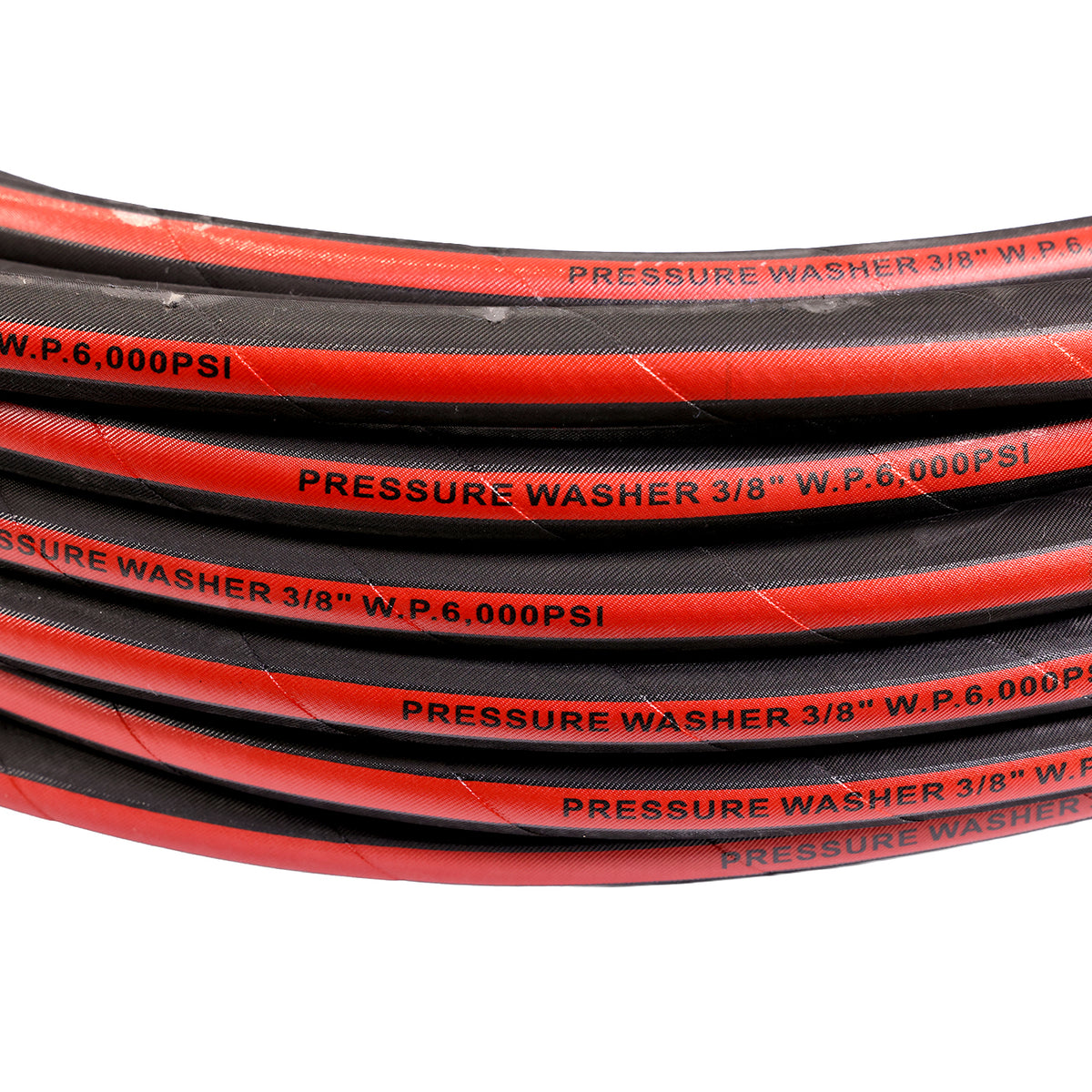 3/8" X 100FT BLACK WRAPPED COVER PRESSURE WASHER HOSE 2SN  6000PSI WITH MNPT X MNPT SWIVEL, RED BEND