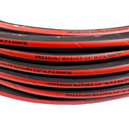 3/8" X 100FT BLACK WRAPPED COVER PRESSURE WASHER HOSE 2SN  6000PSI WITH MNPT X MNPT SWIVEL, RED BEND