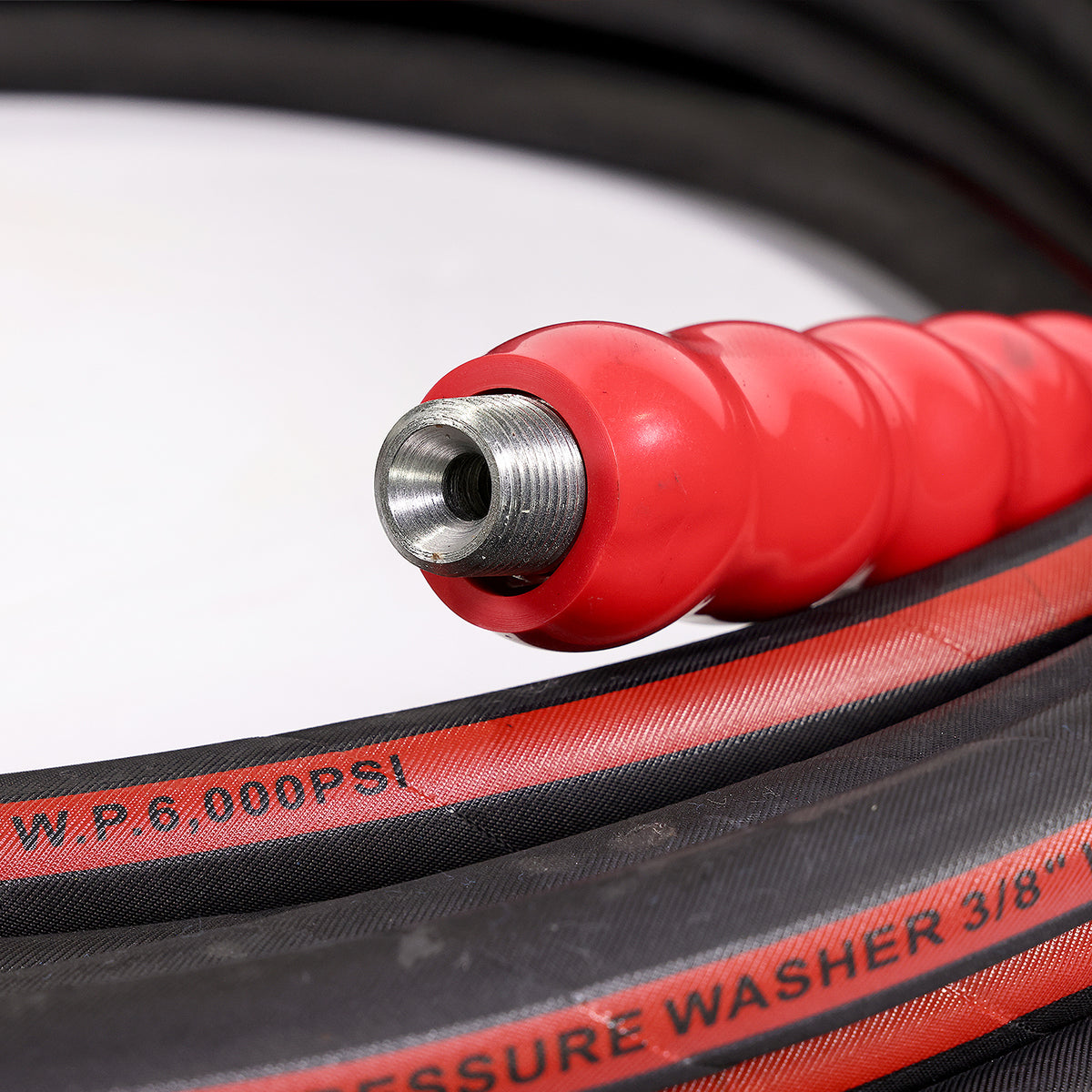 3/8" X 100FT BLACK WRAPPED COVER PRESSURE WASHER HOSE 2SN  6000PSI WITH MNPT X MNPT SWIVEL, RED BEND