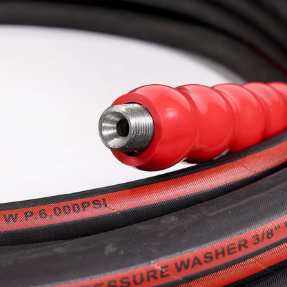 3/8" X 100FT BLACK WRAPPED COVER PRESSURE WASHER HOSE 2SN  6000PSI WITH MNPT X MNPT SWIVEL, RED BEND