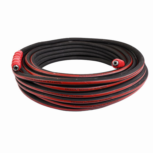 3/8" X 100FT BLACK WRAPPED COVER PRESSURE WASHER HOSE 2SN  6000PSI WITH MNPT X MNPT SWIVEL, RED BEND