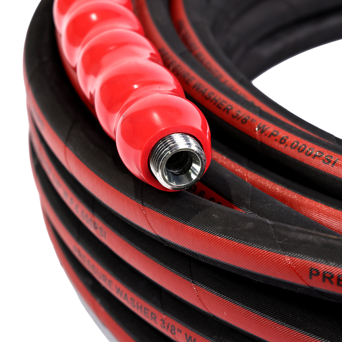 3/8" X 100FT BLACK WRAPPED COVER PRESSURE WASHER HOSE 2SN  6000PSI WITH MNPT X MNPT SWIVEL, RED BEND