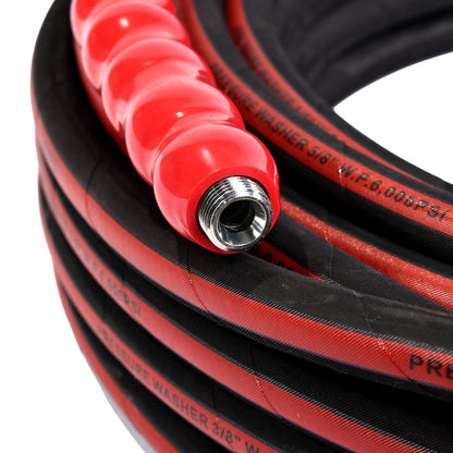 3/8" X 100FT BLACK WRAPPED COVER PRESSURE WASHER HOSE 2SN  6000PSI WITH MNPT X MNPT SWIVEL, RED BEND