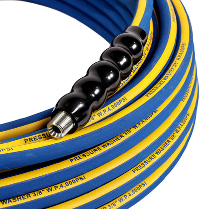 3/8'' X 50FT BLUE WRAPPED PRESSURE WASHER HOSE 1SN  4000PSI WITH MNPT X MNPT SWIVEL, BLACK BEND