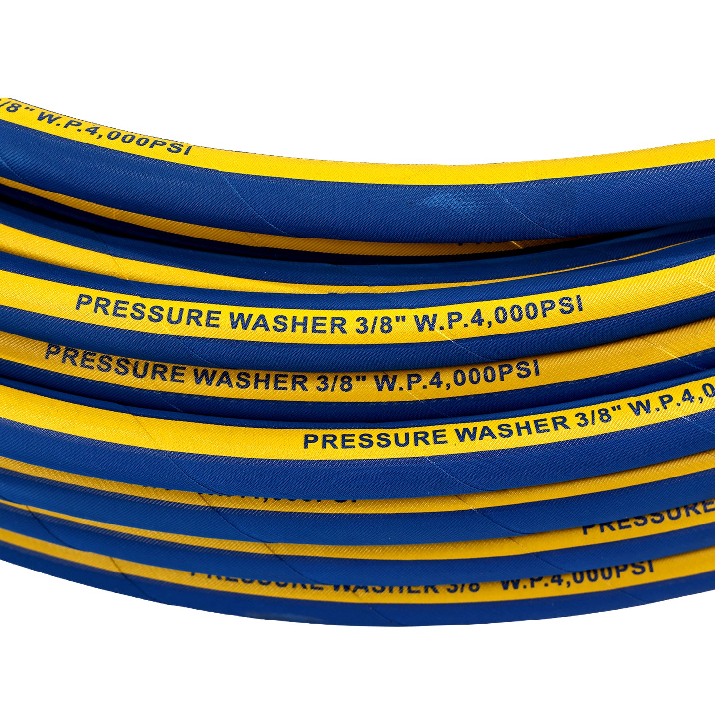 3/8'' X 50FT BLUE WRAPPED PRESSURE WASHER HOSE 1SN  4000PSI WITH MNPT X MNPT SWIVEL, BLACK BEND