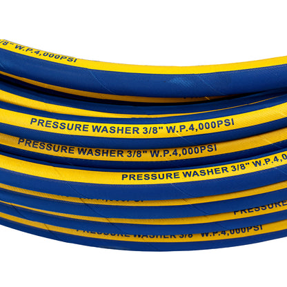 3/8'' X 50FT BLUE WRAPPED PRESSURE WASHER HOSE 1SN  4000PSI WITH MNPT X MNPT SWIVEL, BLACK BEND