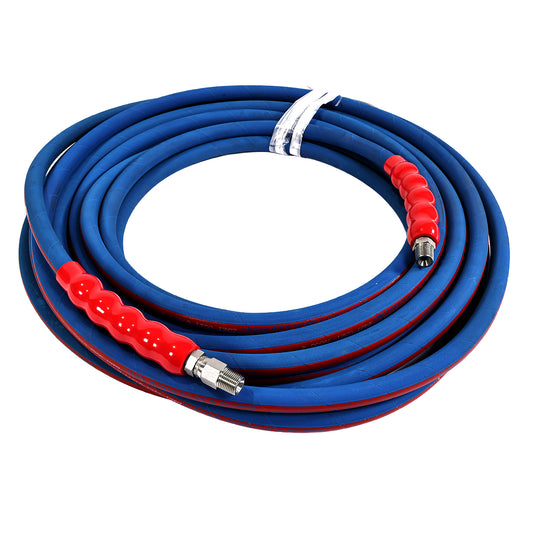 3/8'' X 50FT BLUE WRAPPED PRESSURE WASHER HOSE 2SN  6000PSI WITH MNPT X MNPT SWIVEL, RED BEND