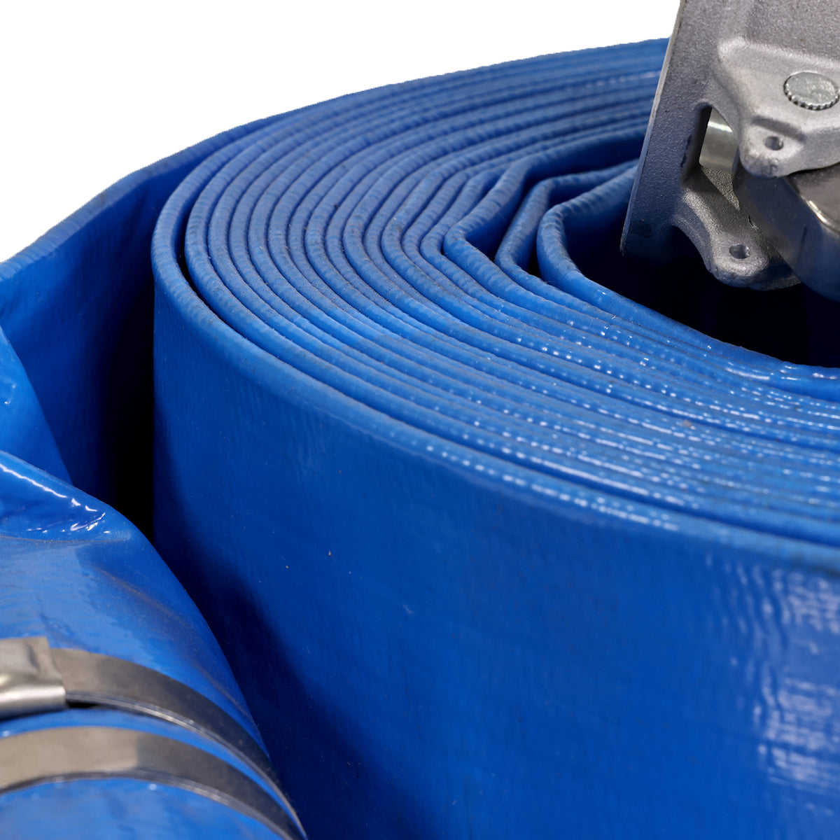 4" X 50' BLUE PVC LAYFLAT HOSE WITH CAMLOCK+CPF CLAMP (85PSI)