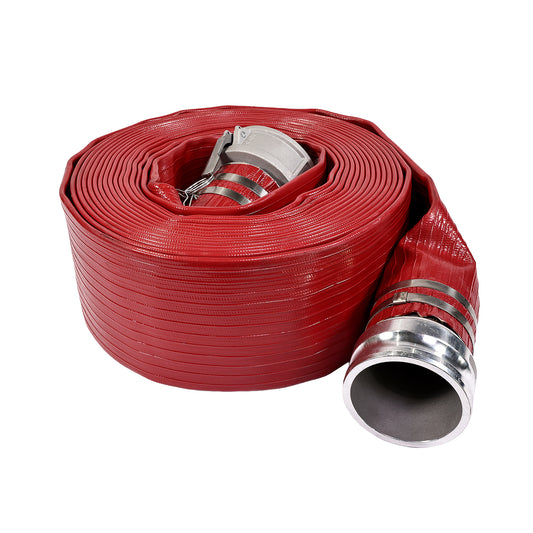 4" X 50' RED PVC LAYFLAT HOSE WITH CAMLOCK+CPF CLAMP